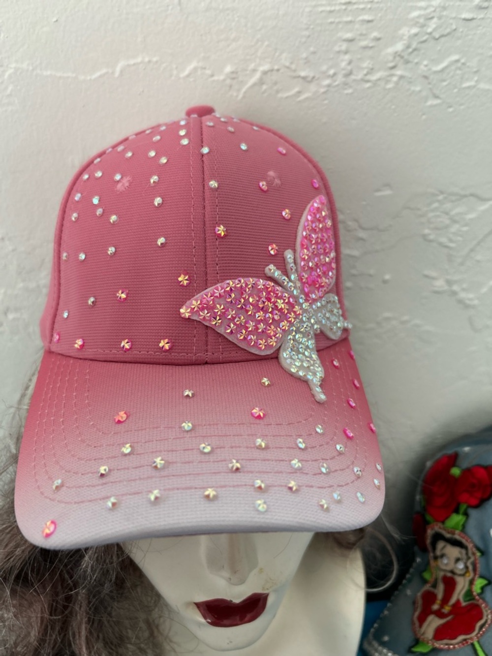 Pink Rhinestone Butterfly Wonen’s Baseball Cap Bling Blung - Picture 2 of 3